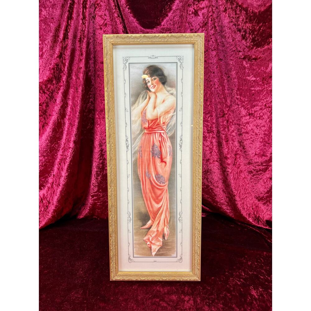 Vintage Long Framed Wall Art Portrait of Amelia by Hamilton King Art Deco Decor